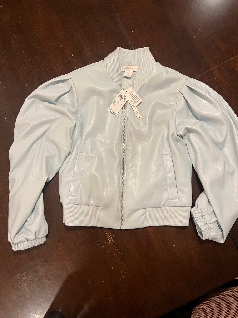 House of Harlow 1960 Pale Blue Vegan Leather Puff-Sleeve Bomber Jacket - Small